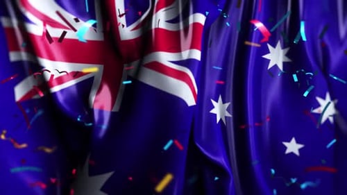 Celebratory Waving Australian Flag with Falling Confetti