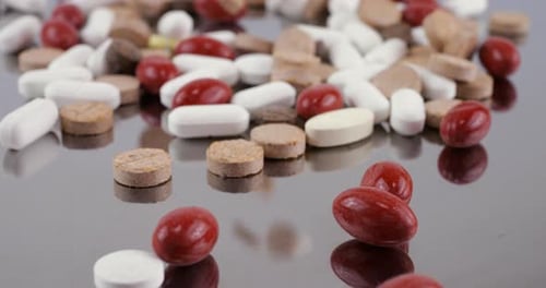 Falling tablets and pills on a metal surface. Slow motion. Medicine and healthy. Close up of capsule