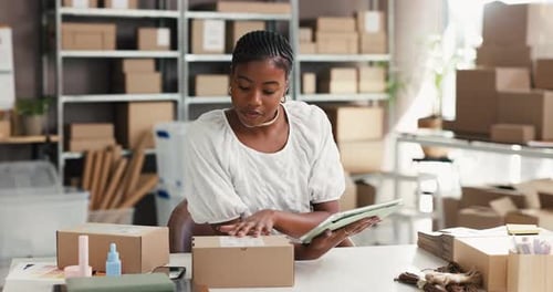 Supply chain, office and black woman on tablet for online orders, distribution and logistics