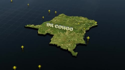 3D Animated Map of DR Congo with Location Pins and Text Reveal