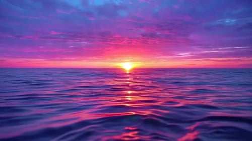 Beautiful Purple Sunset Over Calm Sea Waves