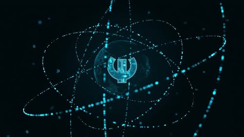 Blue digital money logo with particle ring circle rotation and earth sphere with ai technology icons