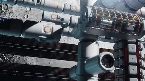 Die Raumstation nähert sich dem Mond mit hoher Geschwindigkeit. Das Konzept der Erforschung neuer Planeten