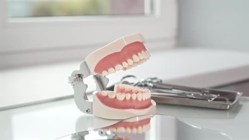 Jaw Model and Stainless Steel Dental Tools at Dentist Office