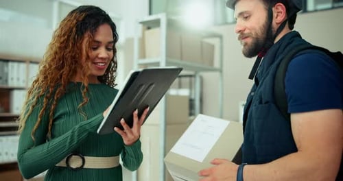 Delivery man, girl and parcel with tablet for signature of distribution