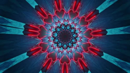 Blaue und rote Blume mit schwarzem Hintergrund und roter Mitte. Kaleidoskop VJ Loop
