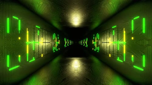 Green And Yellow Neon Cyber Tunnel With Holograms Background Vj Loop In 4K