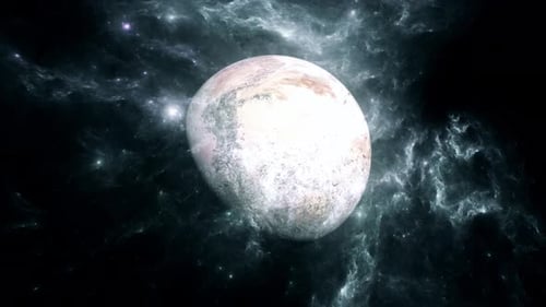 Distant Planet Rotating in Starfield Nebula Background
