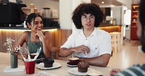 Friends, restaurant and talking with coffee, laughing and love in friendship for social story