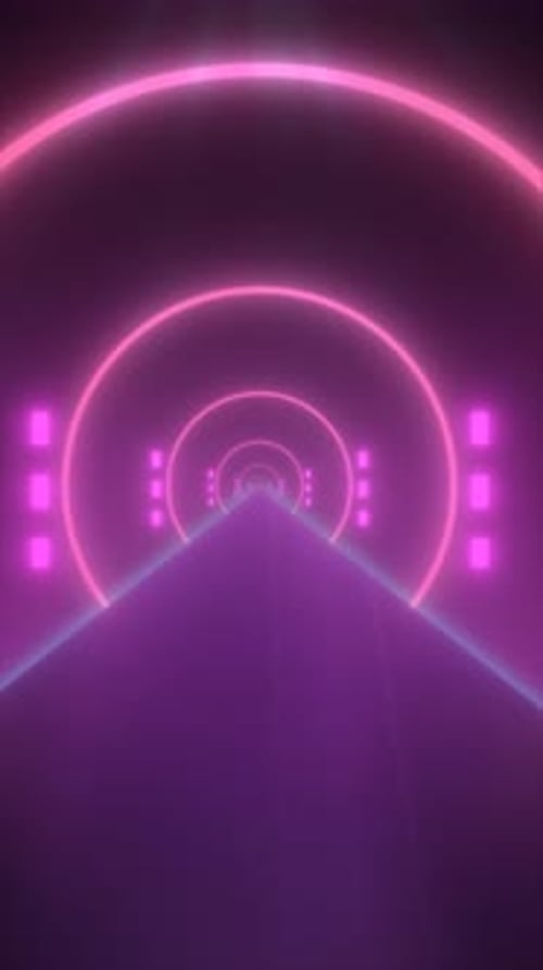 Neon-lit tunnel with glowing arches and purple atmosphere, evoking a retro-futuristic sci-fi setting