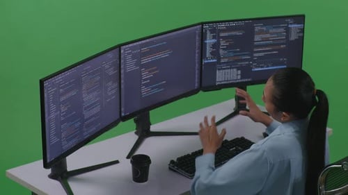 Seitenansicht einer müden asiatischen Frau, die sich beim Schreiben von Code mit mehreren Computern auf einem grünen Bildschirm dehnt