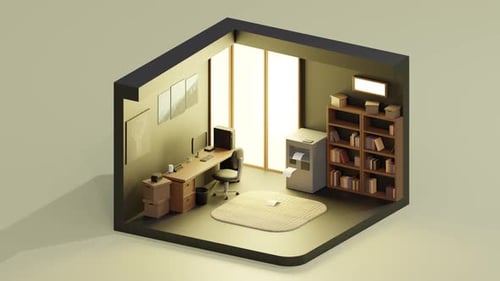 3D Animation Loop of Minimal and Elegant Home Office Interior Isometric View