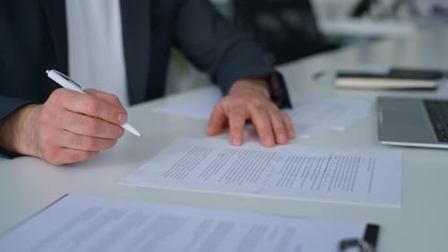 Close Up Male Hands Writing Notes Business Paperwork Noting Law Financial Documentation in Papers