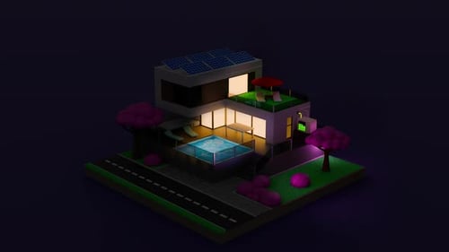 Modern house with solar panels and storage batteries.