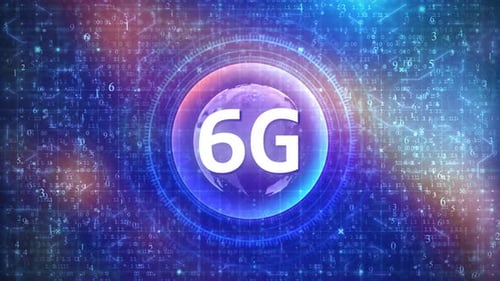 6G Concept on Futuristic Cyberspace Background with HUD, Numbers, and Globe