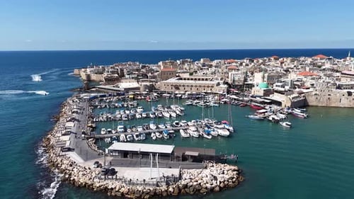 Aerial video over the old city of Acre in northern Israel