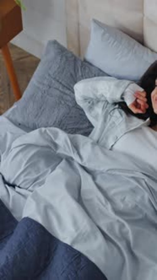 Top View Caucasian Woman Waking Up Awaking Getting Out Bed Looking in Window Morning Female Girl