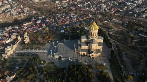 Drone view of Tbilisi city center featuring the Sameba Holy Trinity Cathedral, Georgia.