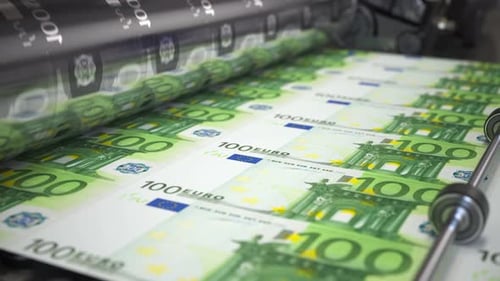 Printing Money Euro Bills on a Print Machine in Typography Looped 3d Animation