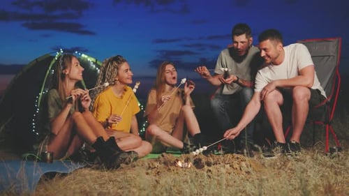 Friends Enjoy Campfire Marshmallows at Night