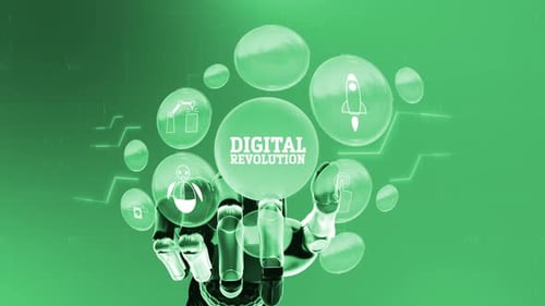 Futuristic Robotic Hand Activating Digital Revolution Icons Animation