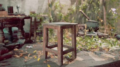 Old Wooden Stool in Rustic Overgrown Setting