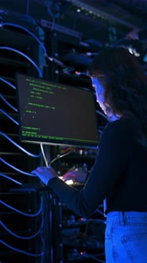 Mujer programando en una sala de servidores. Vertical