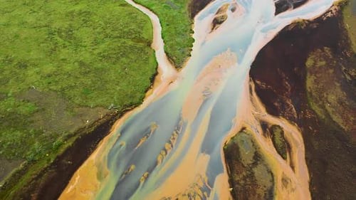 Aerial view of a river along the coast in Iceland.