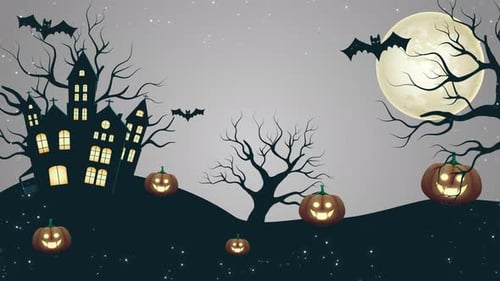 Animated Halloween Night Scene with Haunted House and Pumpkins