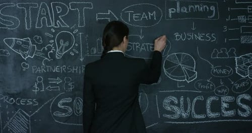 Business Woman with Strategy on Chalkboard