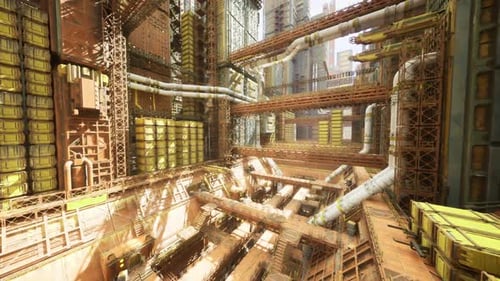 Intersecting Conduits and Rough Textures Create Dynamic Industrial Landscape