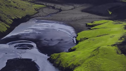Aerial Braided Glacial River and Volcanic Sand Plain in Iceland