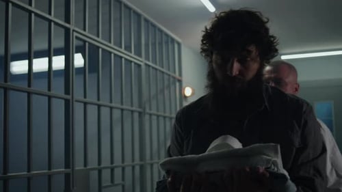 Gloomy Criminal Goes with Prison Officer to Jail Cell