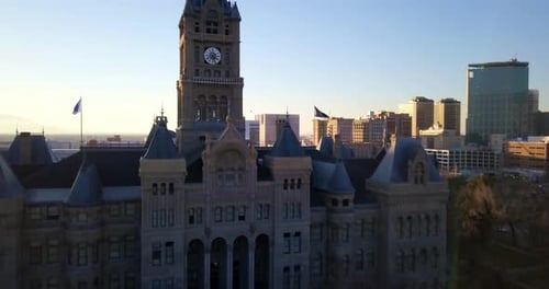 Aerial drone clip filming over the Salt Lake County Building. A Historic structure of Utah built in