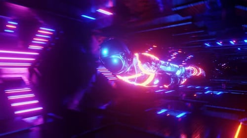 Neon Astronaut Flying Futuristic Space Tunnel Bright Lights Glowing Pink Purple Blue Energy Speed