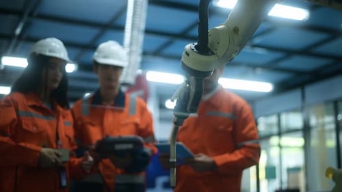 Engineers Overseeing Robotic Arm in Factory Workplace
