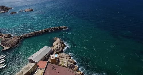 Aerial of France, Cote d'azur, Menton, old city houses and sea in French riviera
