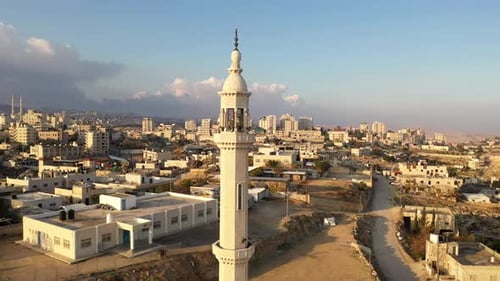 Mosque Tower Minaret in Palestine town, Aerial view