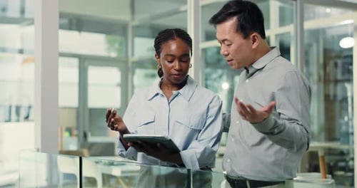Collaboration, business people or talking with tablet for budget review
