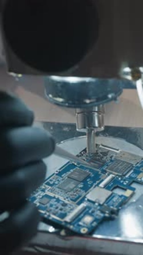 CloseUp of Technician Repairing Circuit Board Under Microscope