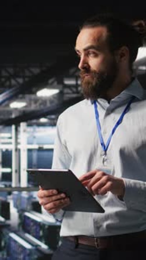 Man Uses Tablet in a Server Room