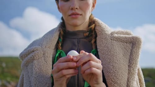 Hands Peeling Egg Shell Outdoors Closeup Picnic Girl Having Protein Breakfast
