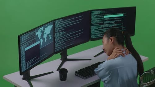 Seitenansicht einer müden Frau, die sich beim Schreiben von Code mit mehreren Computern auf einem grünen Bildschirm dehnt