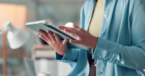 Tablet, research and hands of business woman in office for digital schedule