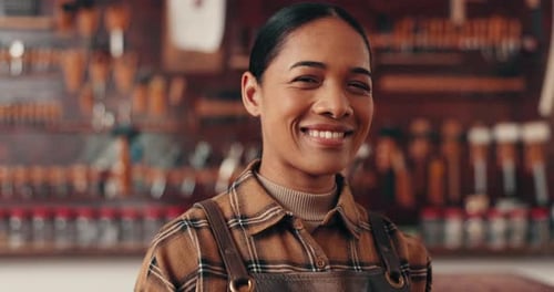 Leather work, portrait of happy woman in workshop with tools and manufacturing of unique textile