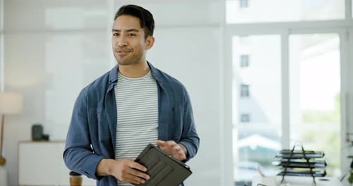 Presentation, tablet and business man in office for seminar, webinar and meeting at workplace