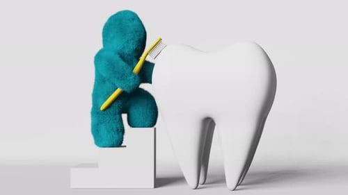 Cute turquoise fur Yeti brushing white healthy tooth 3D animation Dental cleaning Plaque removal 4K
