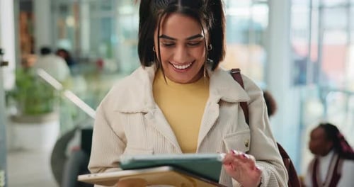 Browsing, tablet and woman with smile, college or planning for exam on website, online or education