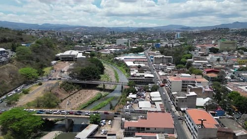 Aerial view of urban area of Tegucigalpa crossed by river, Honduras