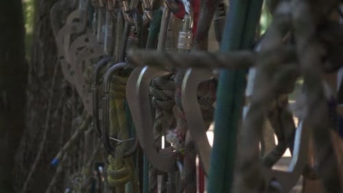 Climbing Carabiner and Ropes in Adventure Park Outdoor. Close Up Safety Rope